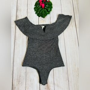 Marci Women’s Silver Black Metallic Off Shoulder Ruffle Bodysuit Size M